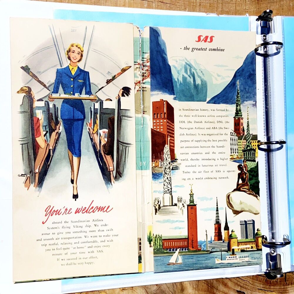 Vintage SAS Scandinavian Airlines Travel Lot Luggage Labels Timetable MCM Maps